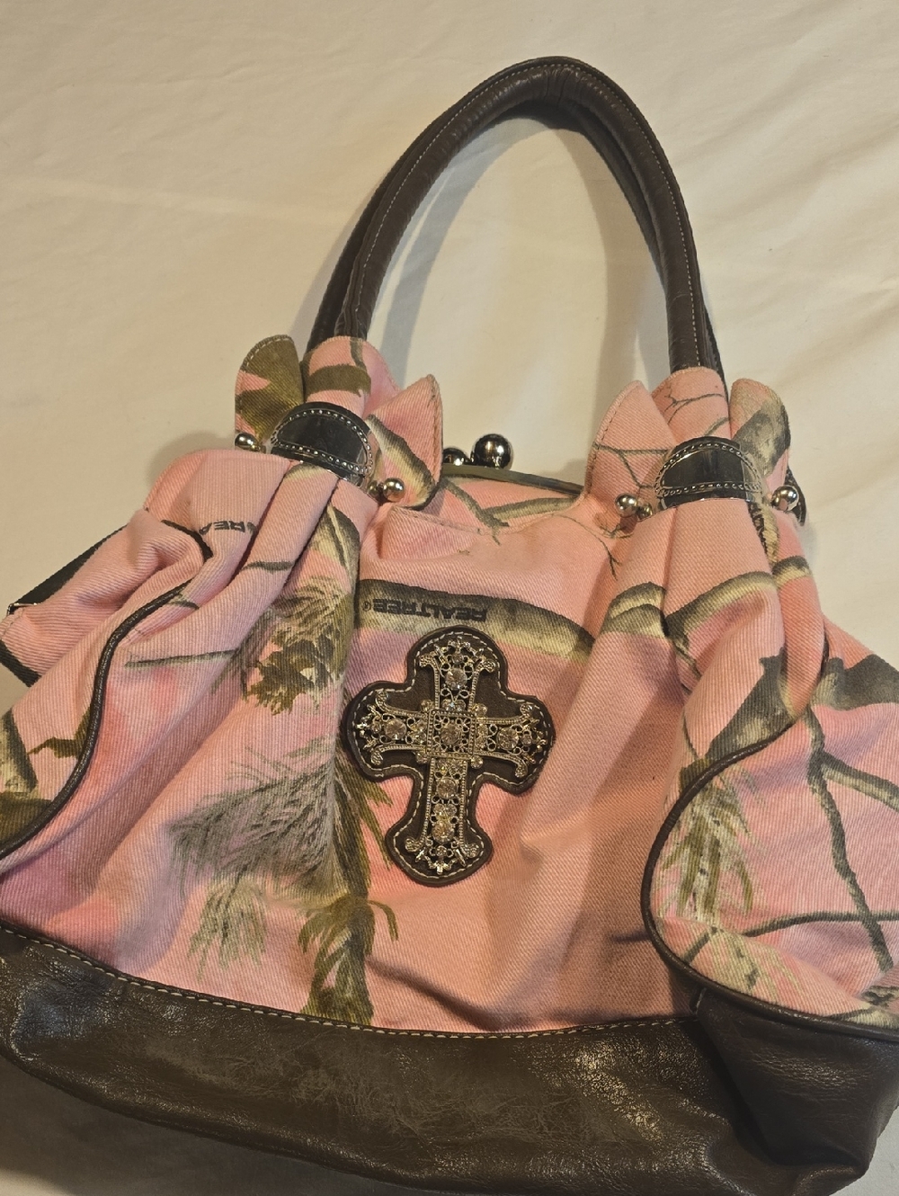 Pink Canvas Tote Bag with Decorative Cross Accent With Wallet